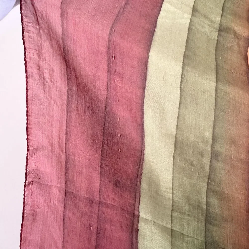 Vintage Pure Silk Scarf Multicolor Striped Handwoven India Boho Sheer Wrap